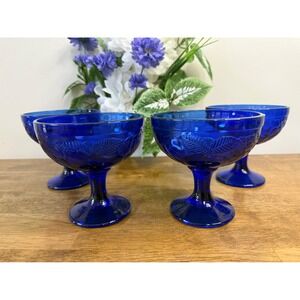 Vintage Cobalt Blue France Pressed Glass‎ Sherbet Dessert Coupes Set of Four